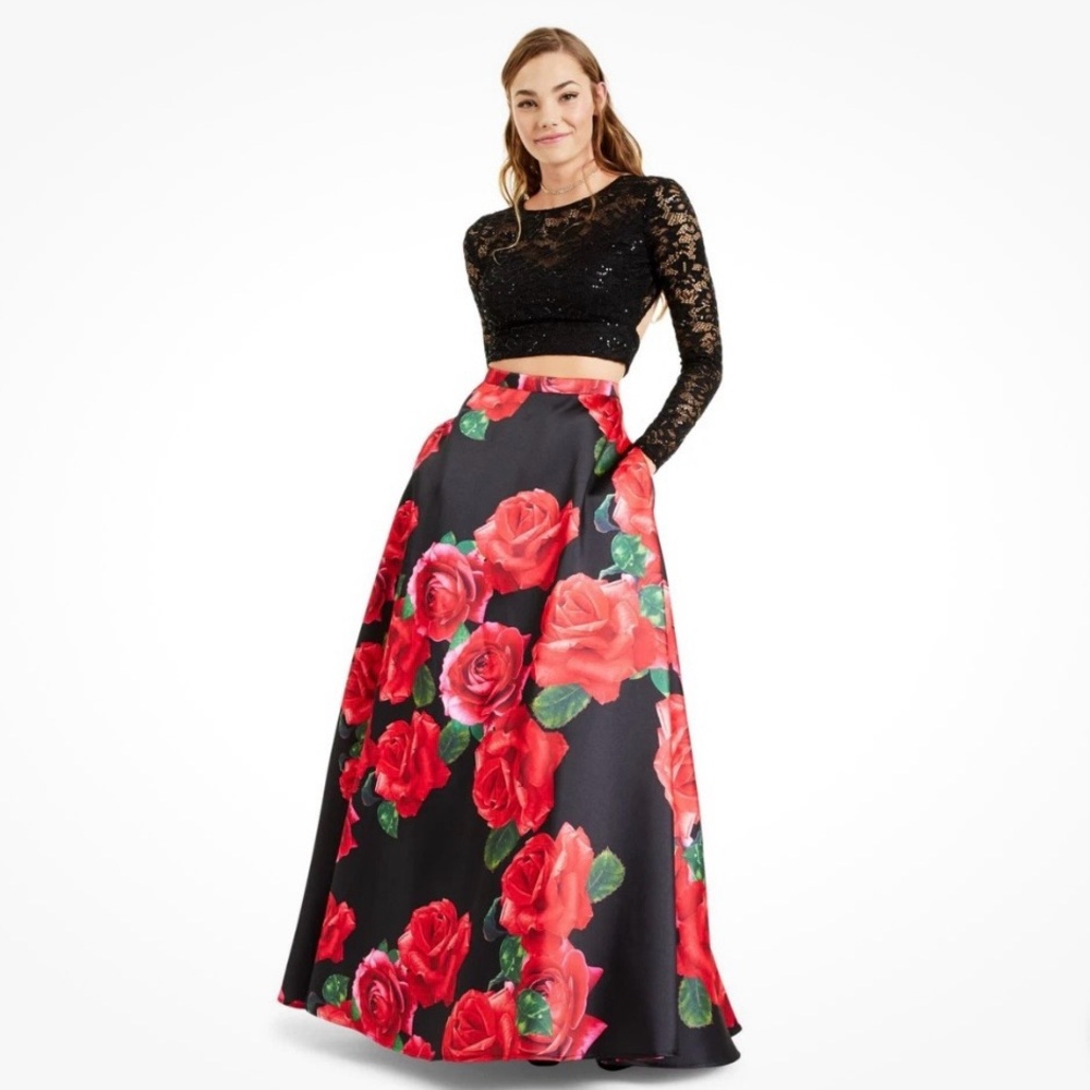 NWT B Darling Red and Black Floral Fit and Flare Maxi Skirt